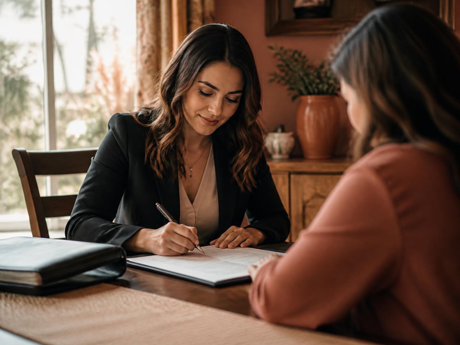 Mobile notary reviewing and notarizing documents with a client at home